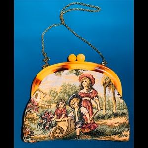 Vintage Tapestry Bridgerton Theme Kiss Lock Clutch Bag w/ Chain Strap